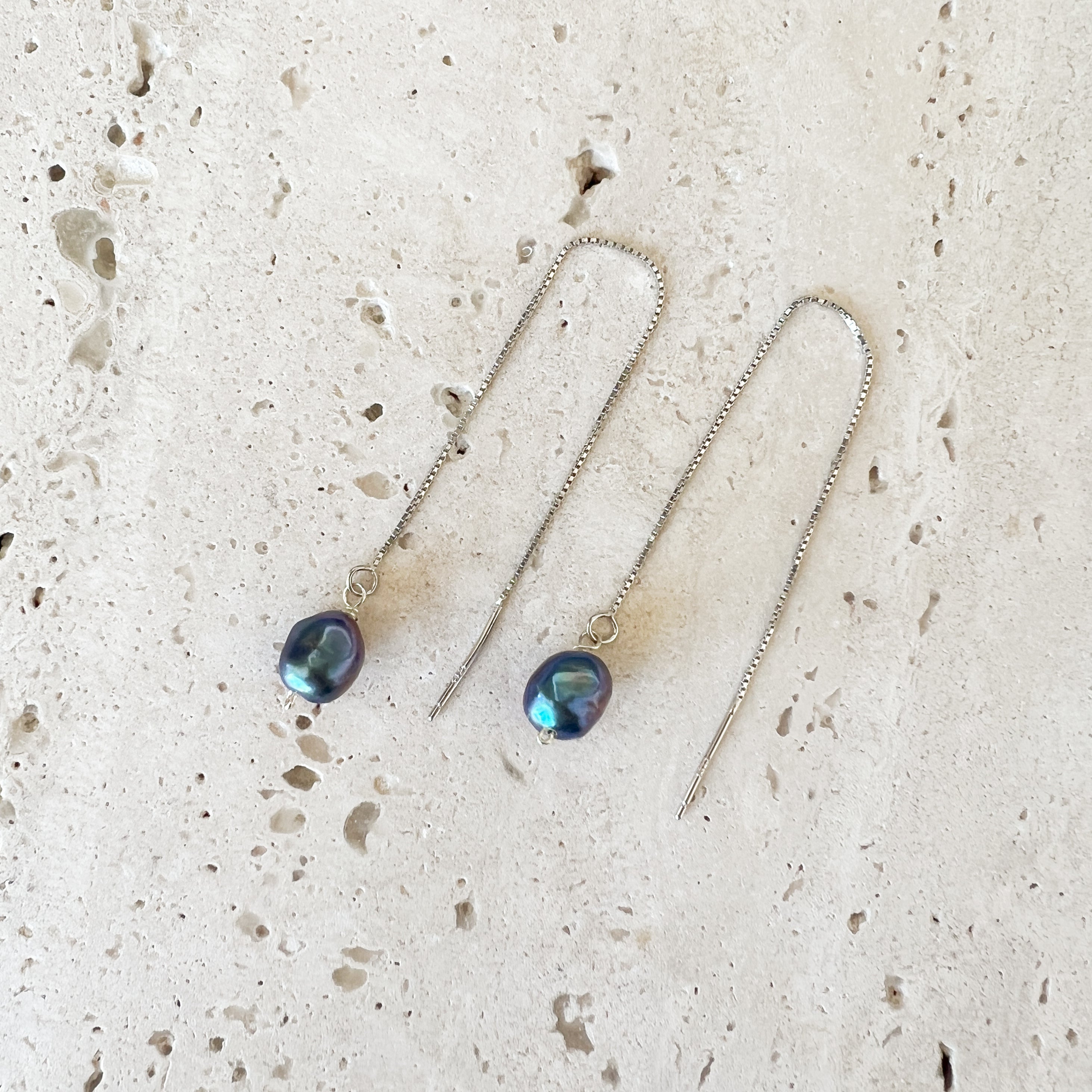 Pearl Chain Drop Earrings - Black Pearl