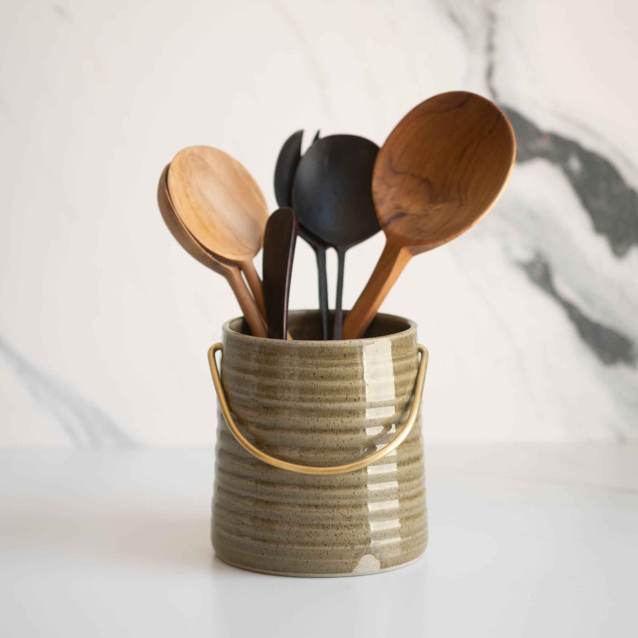 Anna Campbell | NZ Ceramics | Utensil Holder with Brass Handle | Green