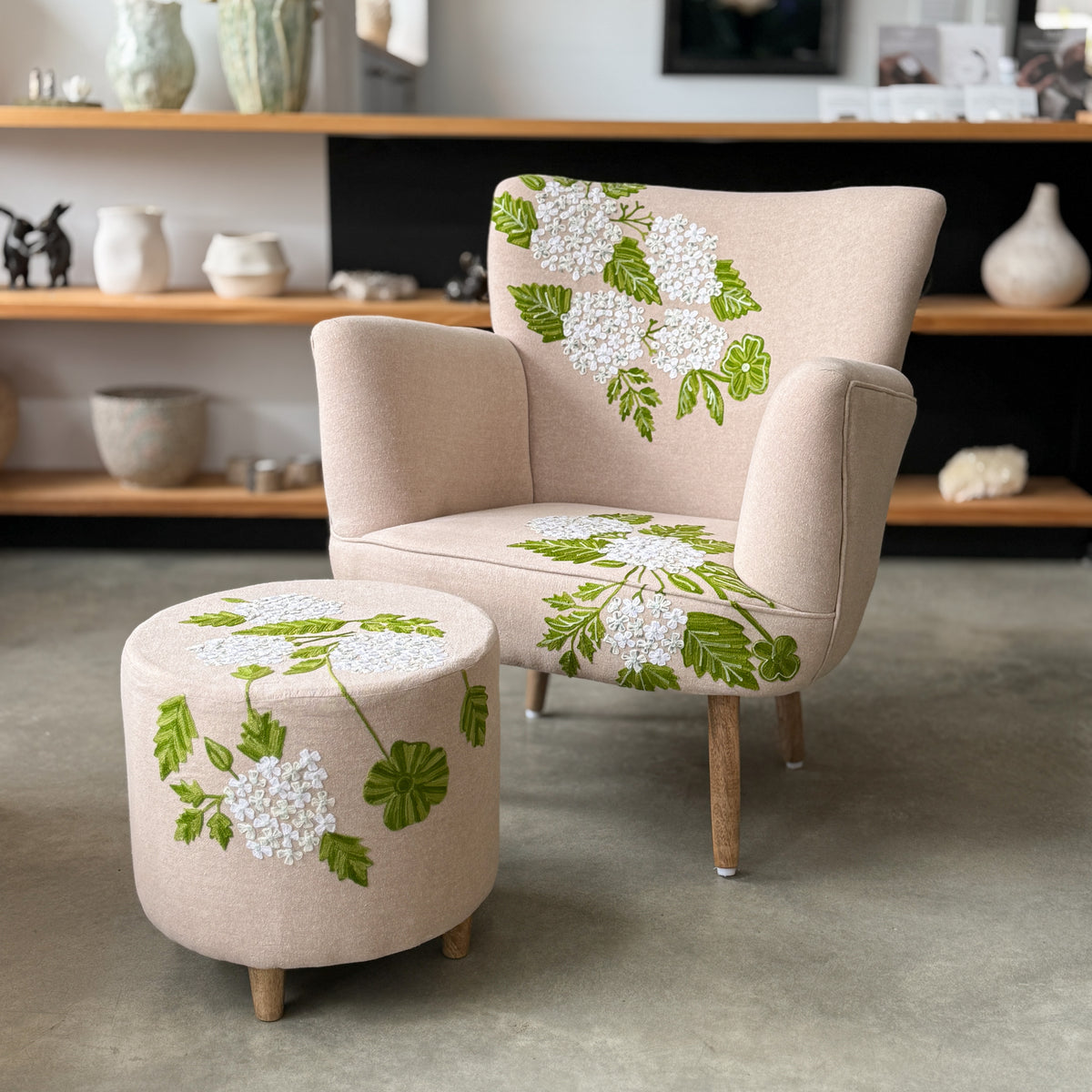 Embroidered Chair + Stool | Hydrangea
