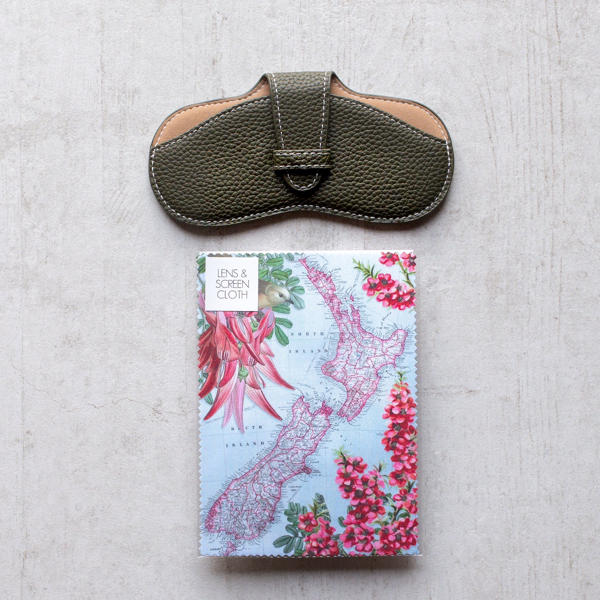 Glasses Case | Olive | Soft + Lens Cloth | NZ Map