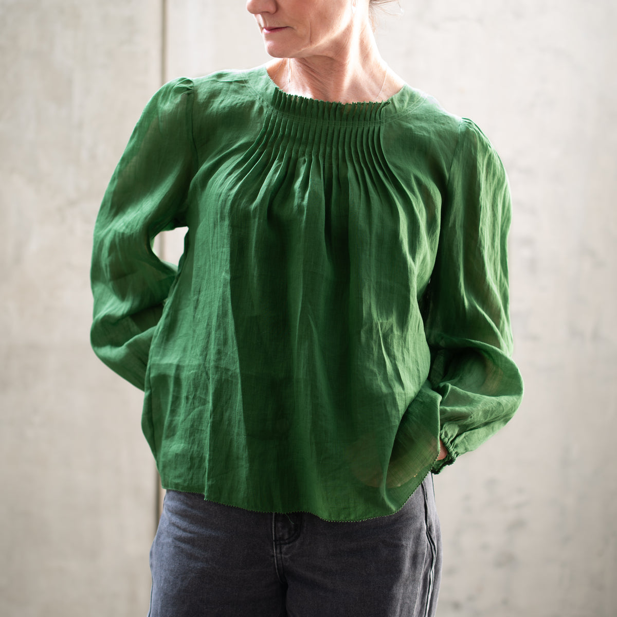 Long Sleeve Pintuck Top | Ariel | Moss