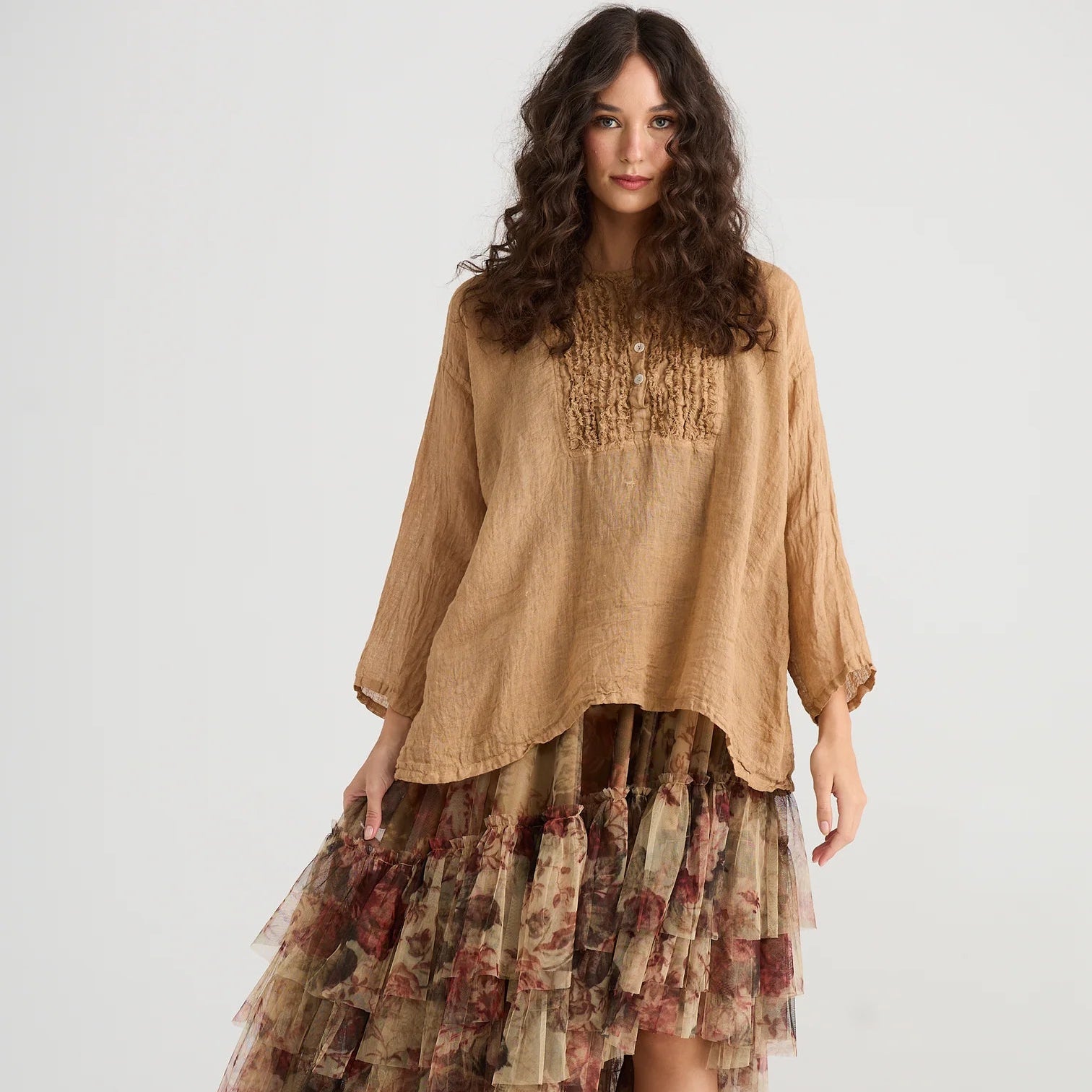 Linen Ruffle Top | Florian | Burnt Sugar