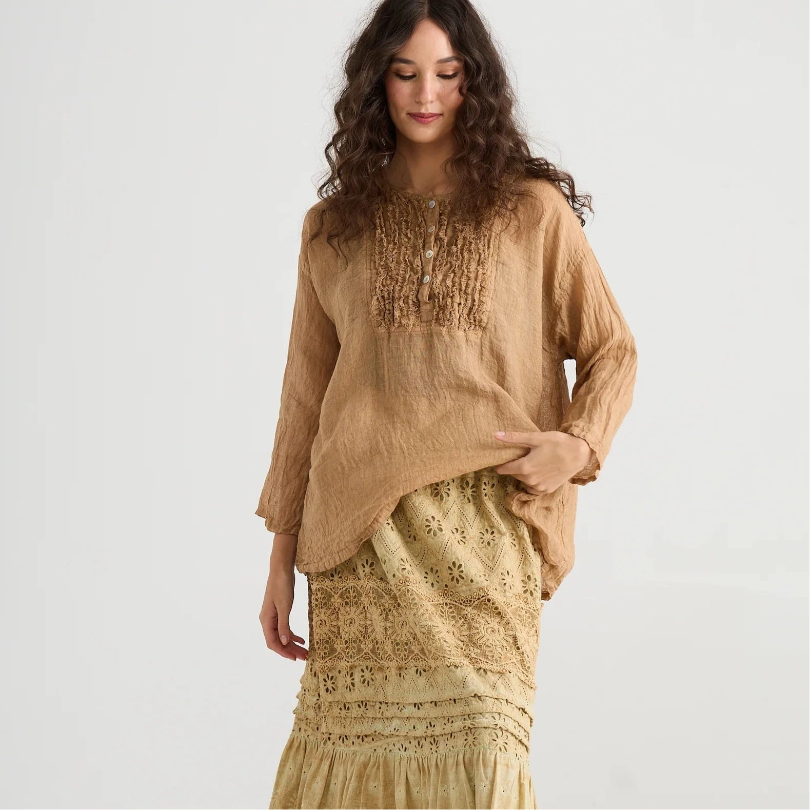 Linen Ruffle Top | Florian | Burnt Sugar