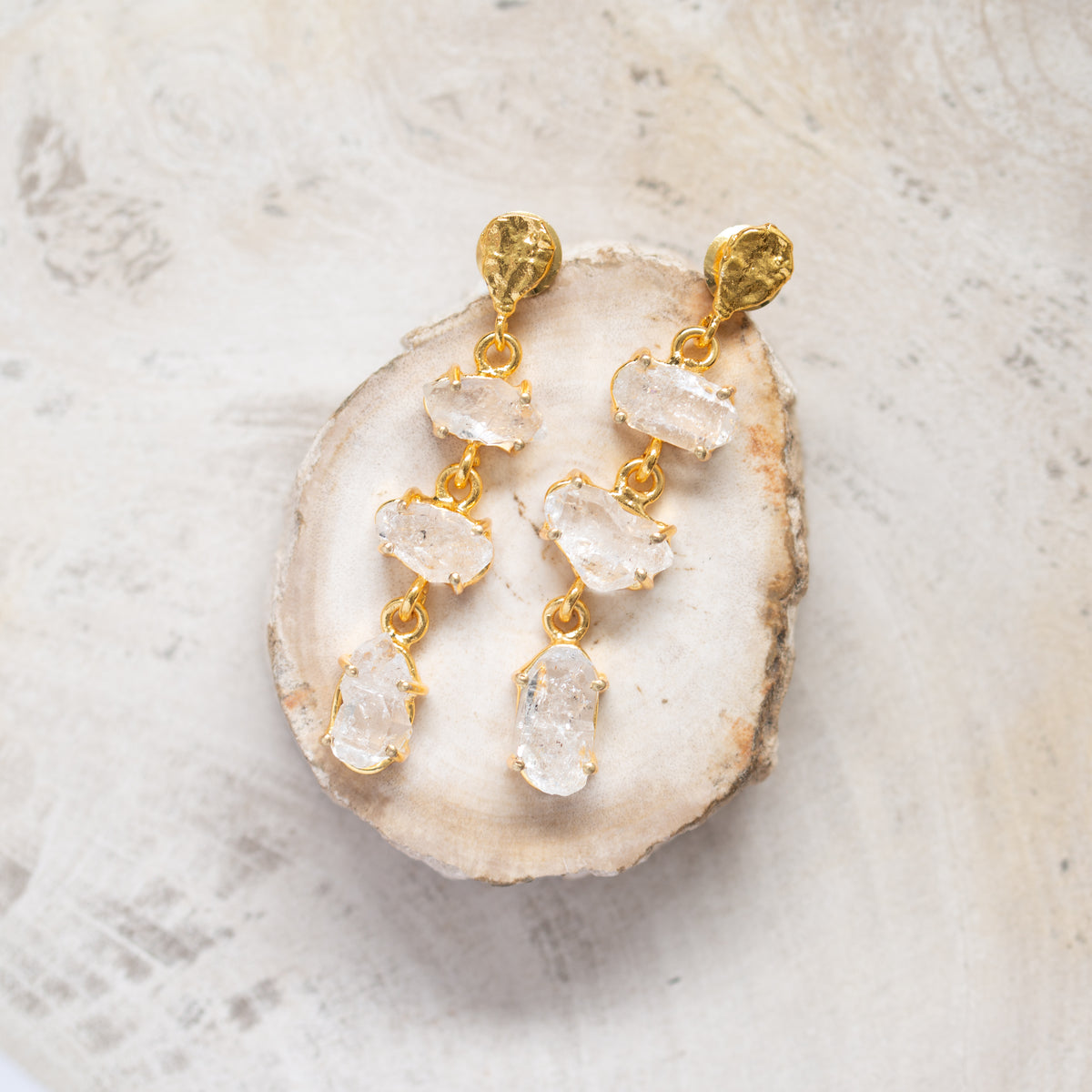 Raw Crystal Stone Earrings | Herkimer Diamond Triple Drop