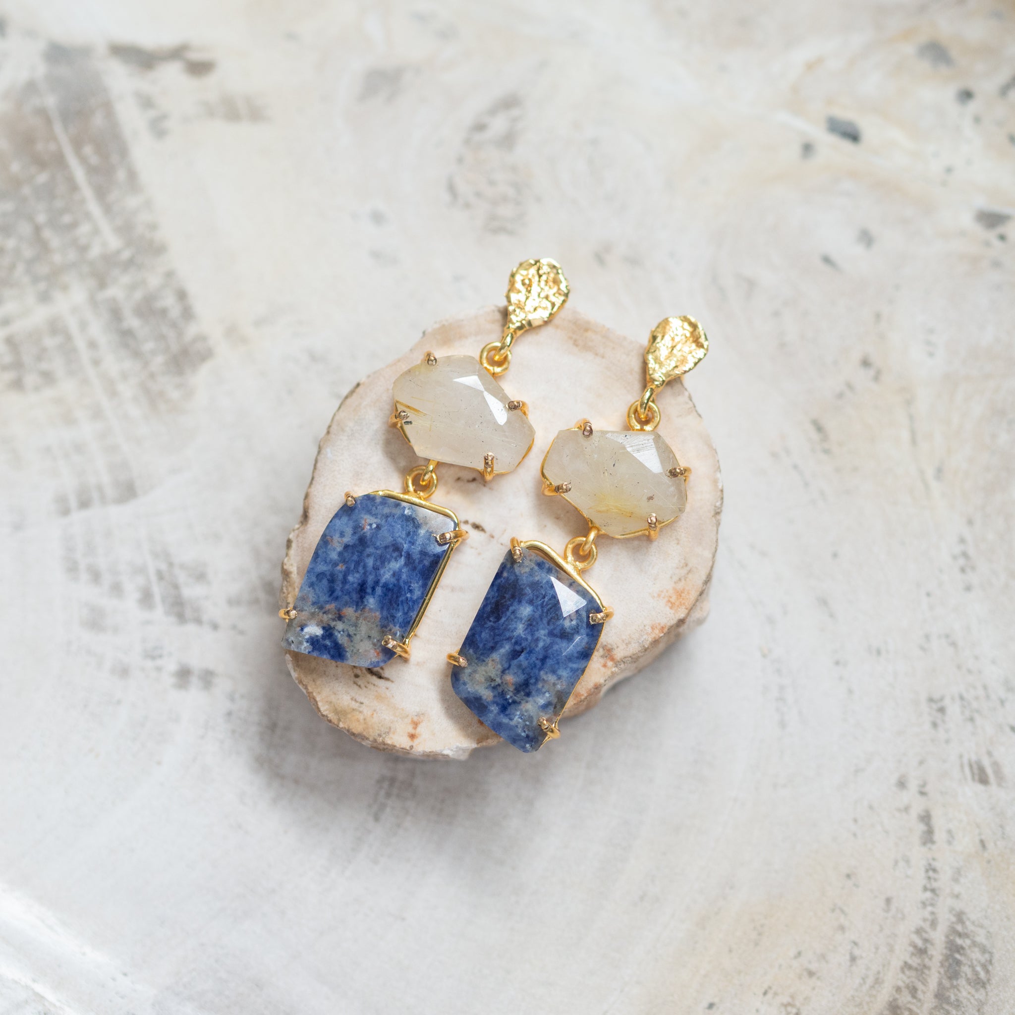 Raw Crystal Stone Earrings | Sodalite + Rutilated Quartz