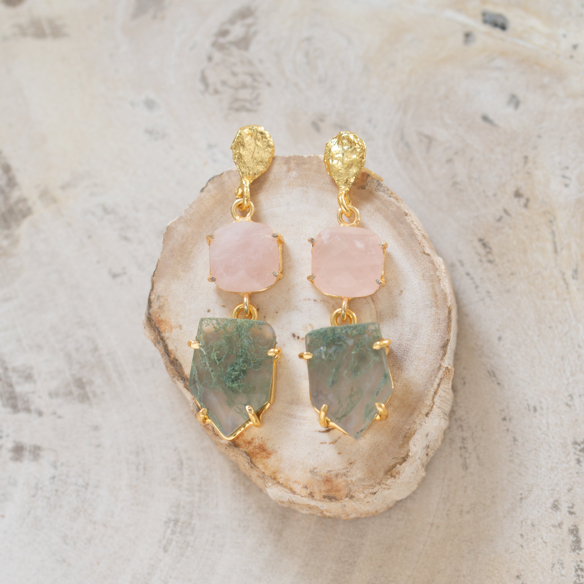 Raw Crystal Stone Earrings | Moss Agate