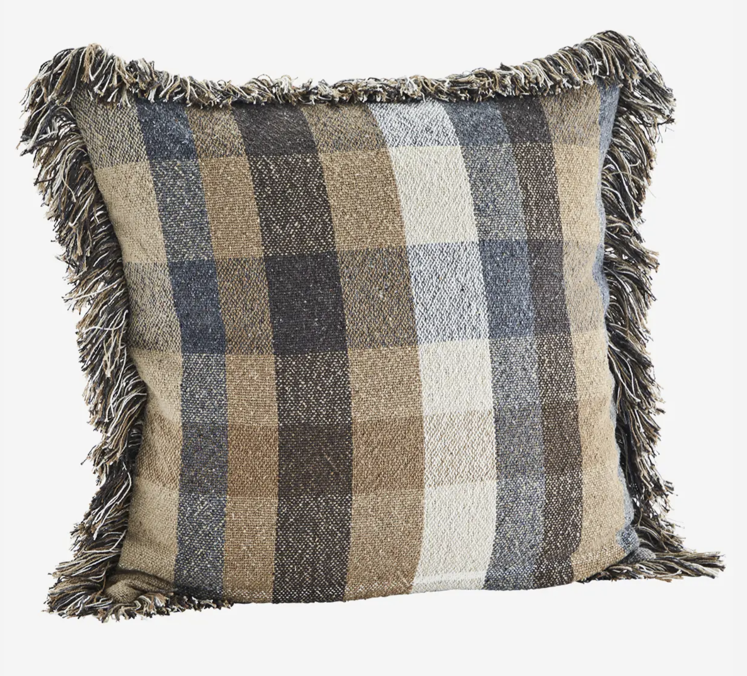 Cushion Cover with Fringes | Camel + Blue Check