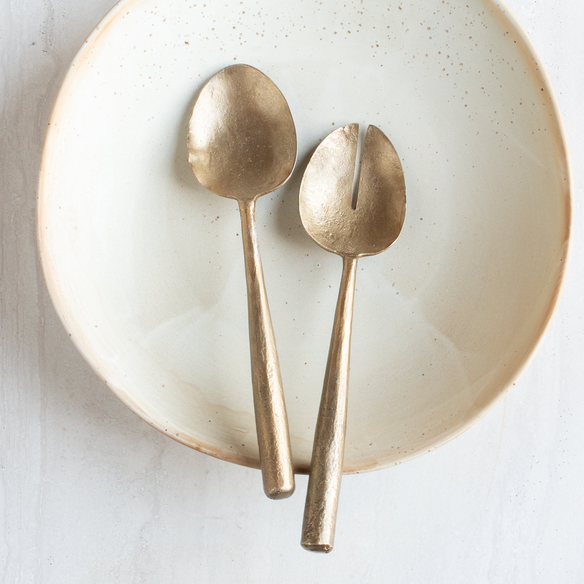 Solid Handle Salad Servers | Round | Antique Brass Finish