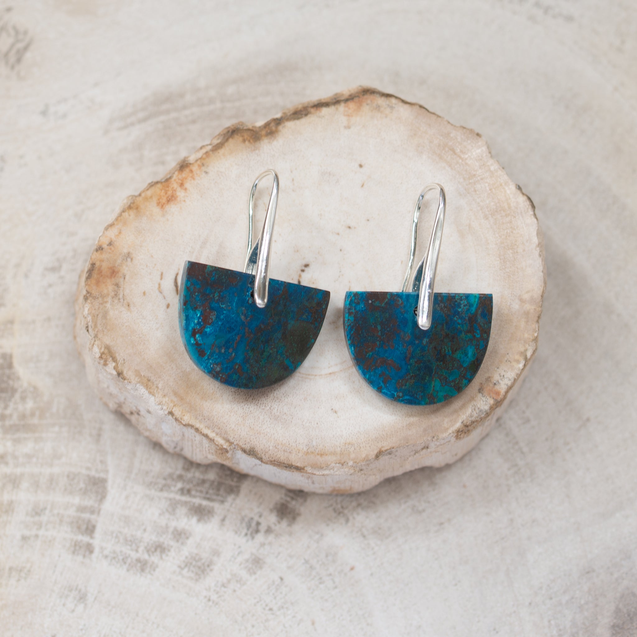Natural Stone Earrings | Chrysocolla Shield D