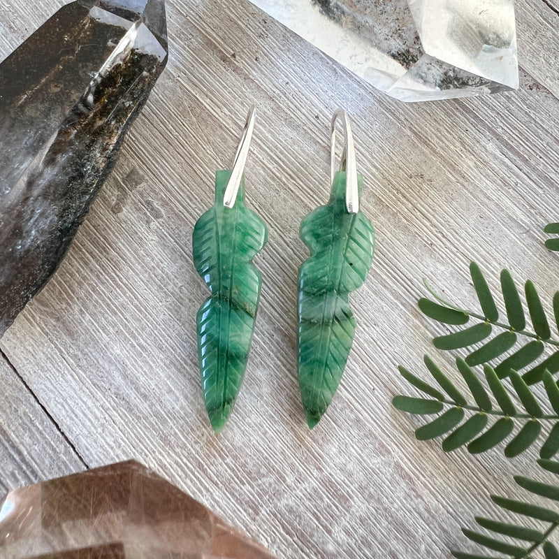 Natural Stone Earrings | African Jade Feather | Silver Hooks (E)