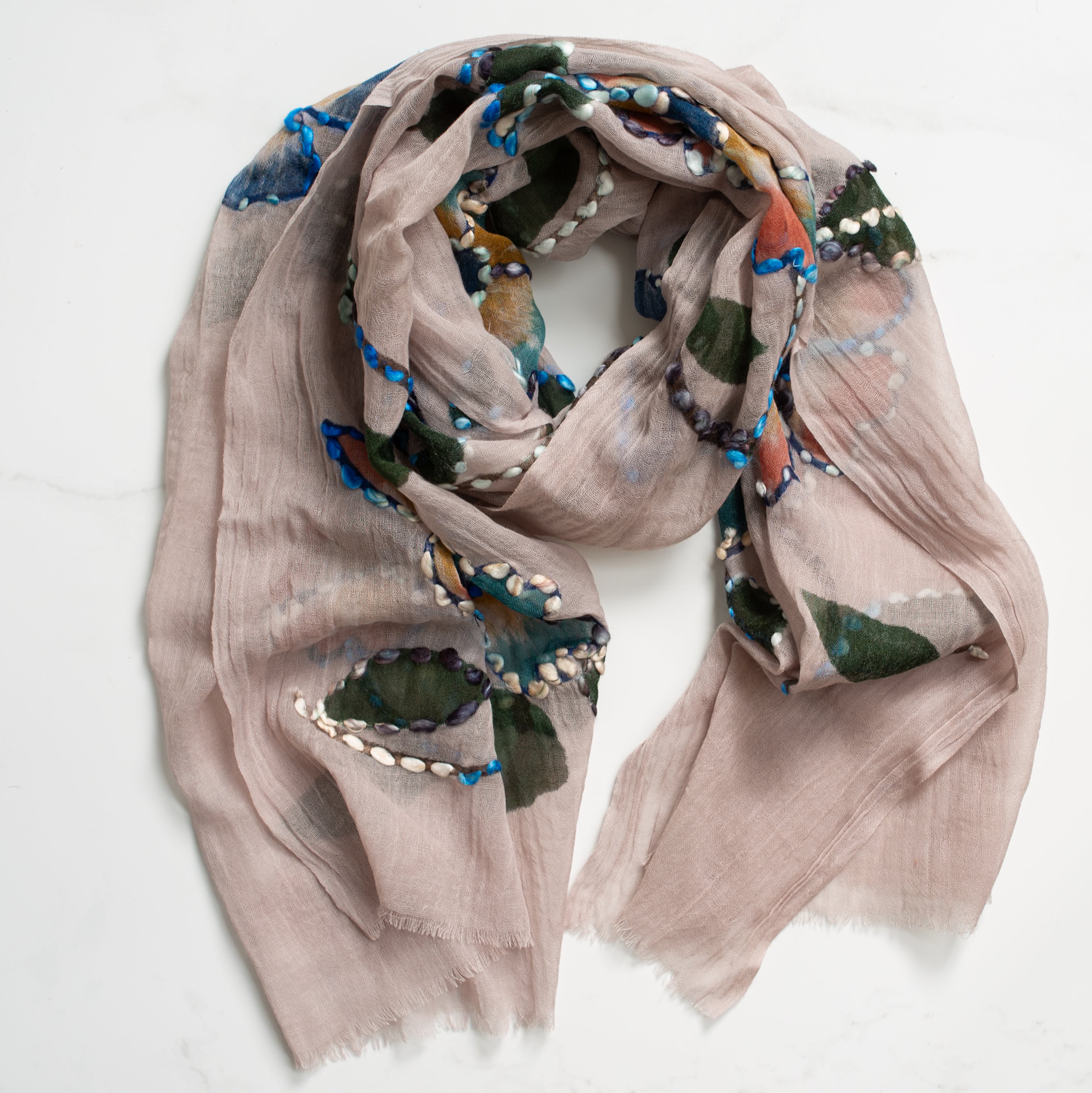 Embroidered Wool Scarf | Mushroom Flowers