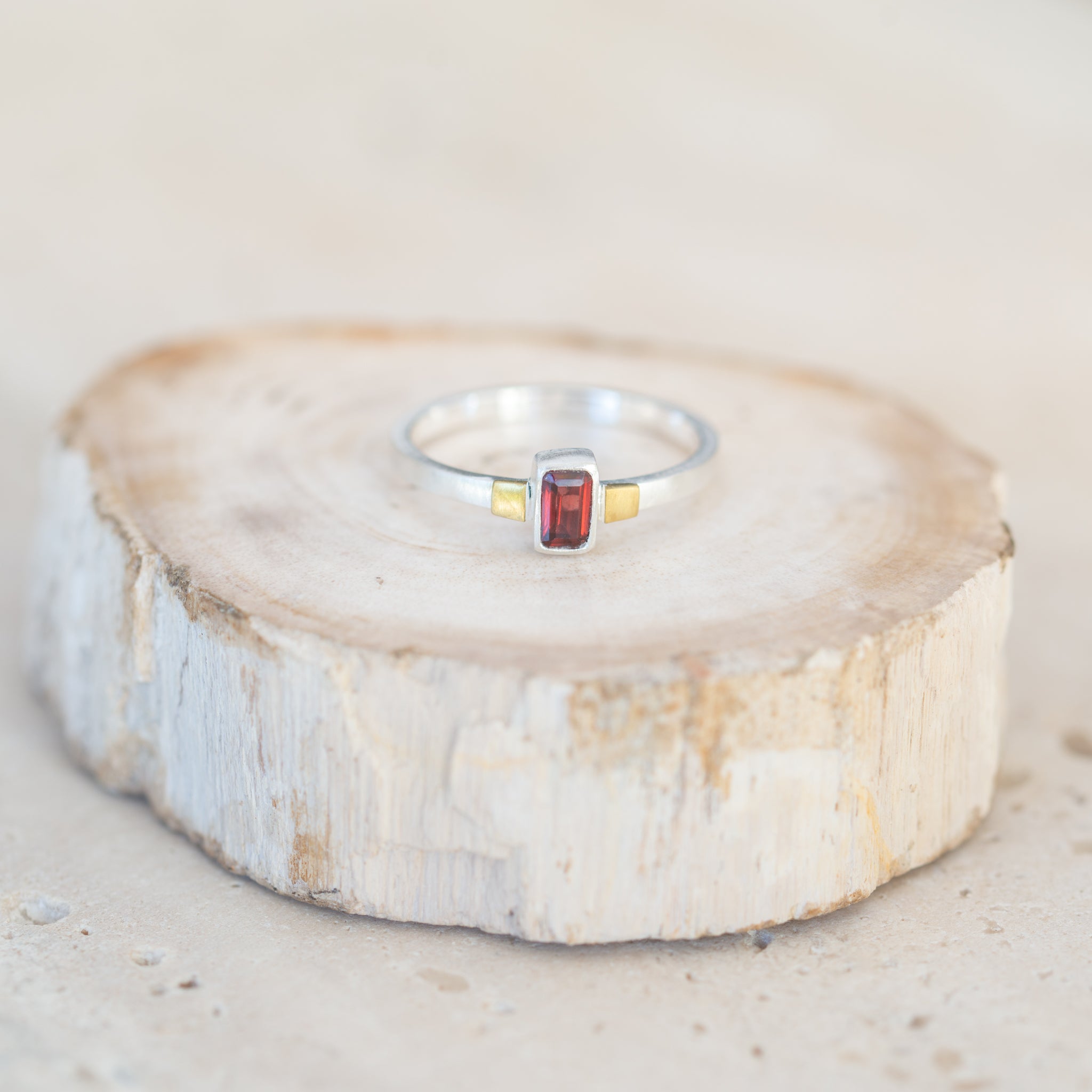 vS|A The Baguette Garnet Ring | Sterling Silver + Brass