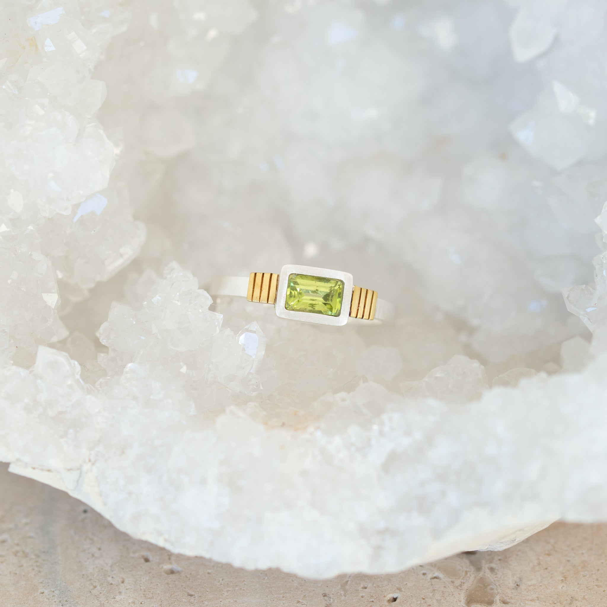 vS|C Rectangular Peridot Ring | Sterling Silver + Brass