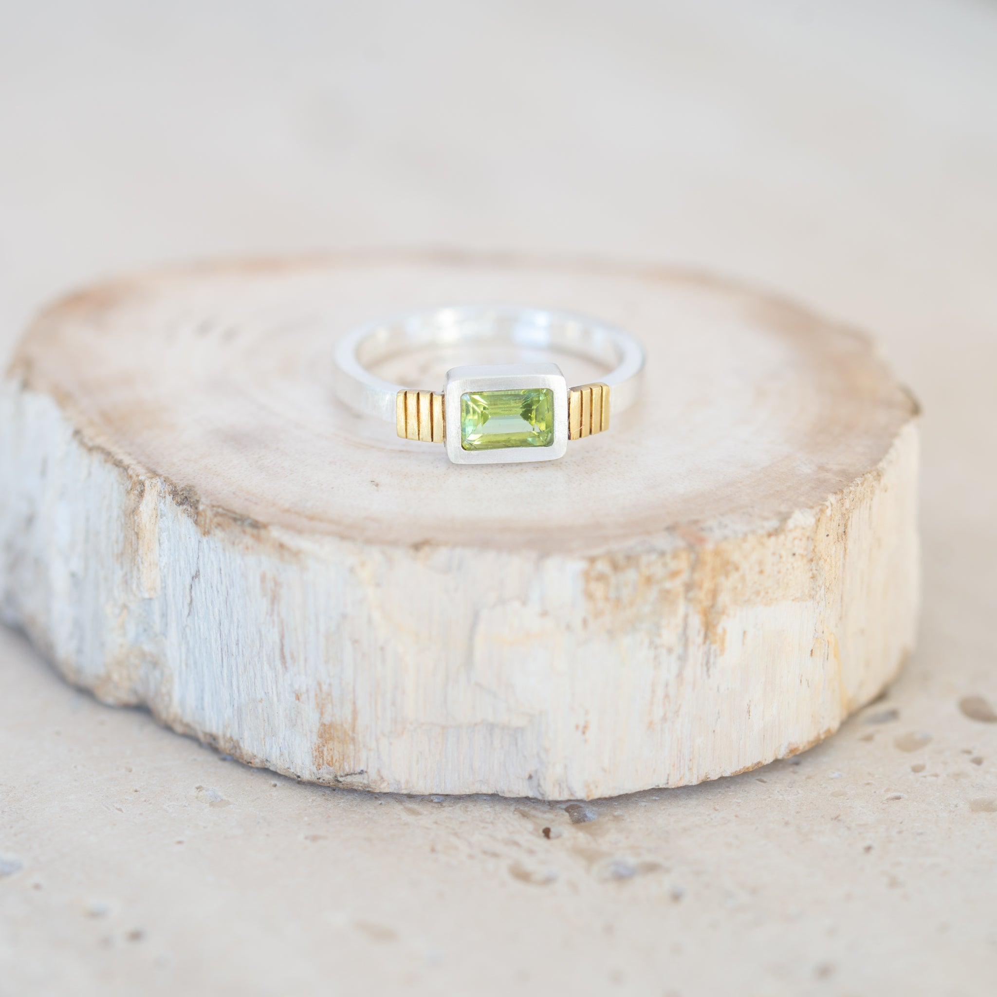 vS|C Rectangular Peridot Ring | Sterling Silver + Brass