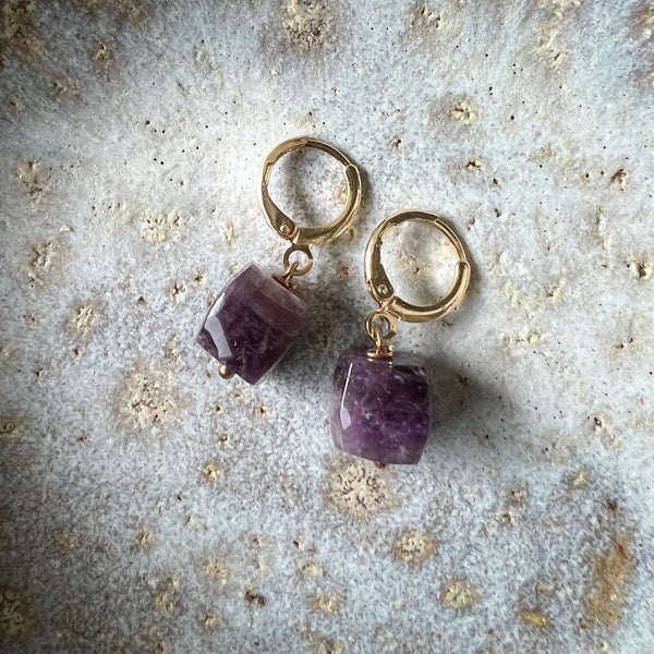 Earrings | Faceted Amethyst + Small Gold Hoops