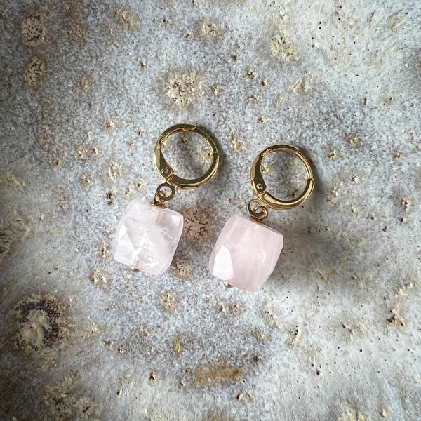 Earrings | Faceted Rose Quartz + Small Gold Hoops