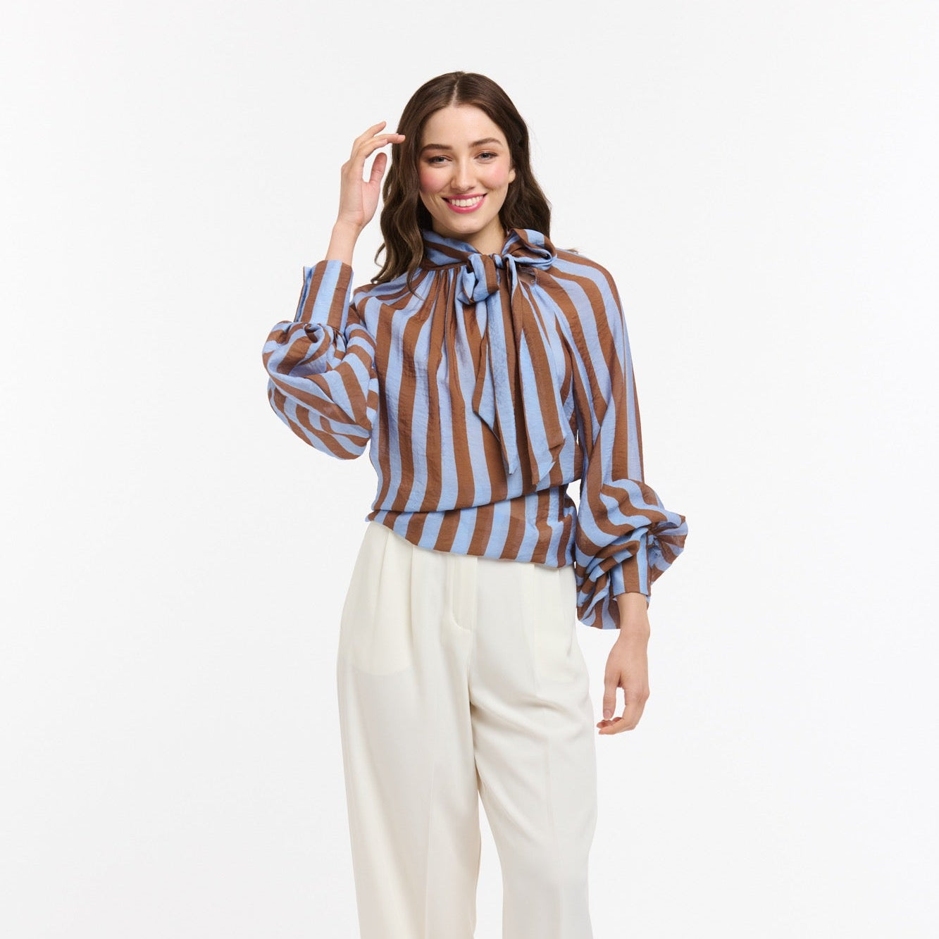 Bow Neck Shirt | Stripe | Blue