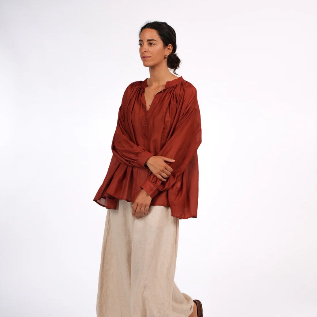 Cotton Silk Long Sleeve Shirt | Palma | Rust
