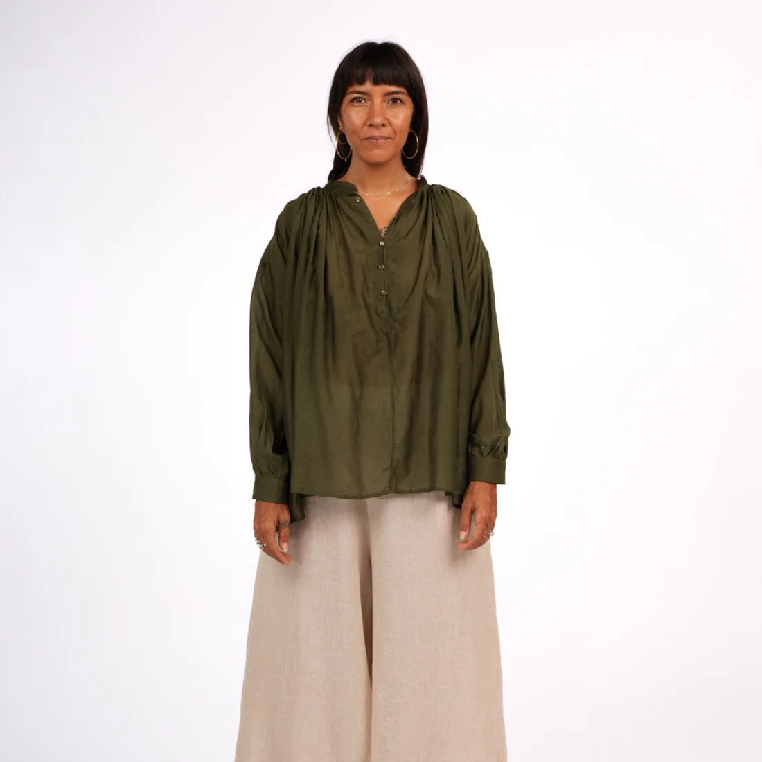 Cotton Silk Long Sleeve Shirt | Palma | Deep Green