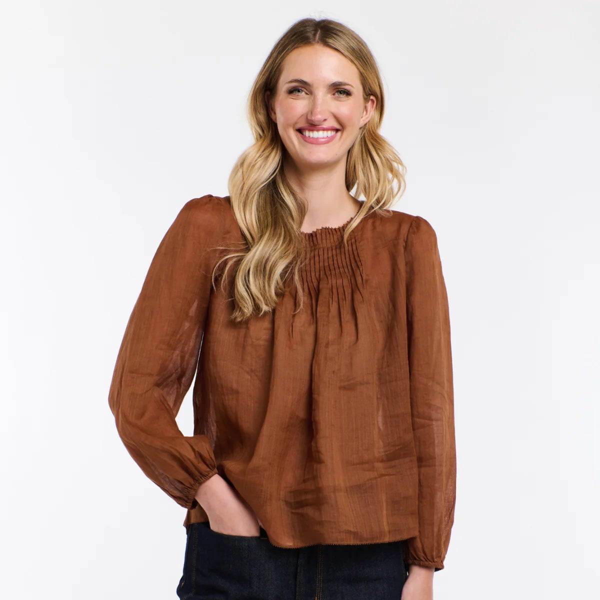 Long Sleeve Pintuck Top | Ariel | Brandy
