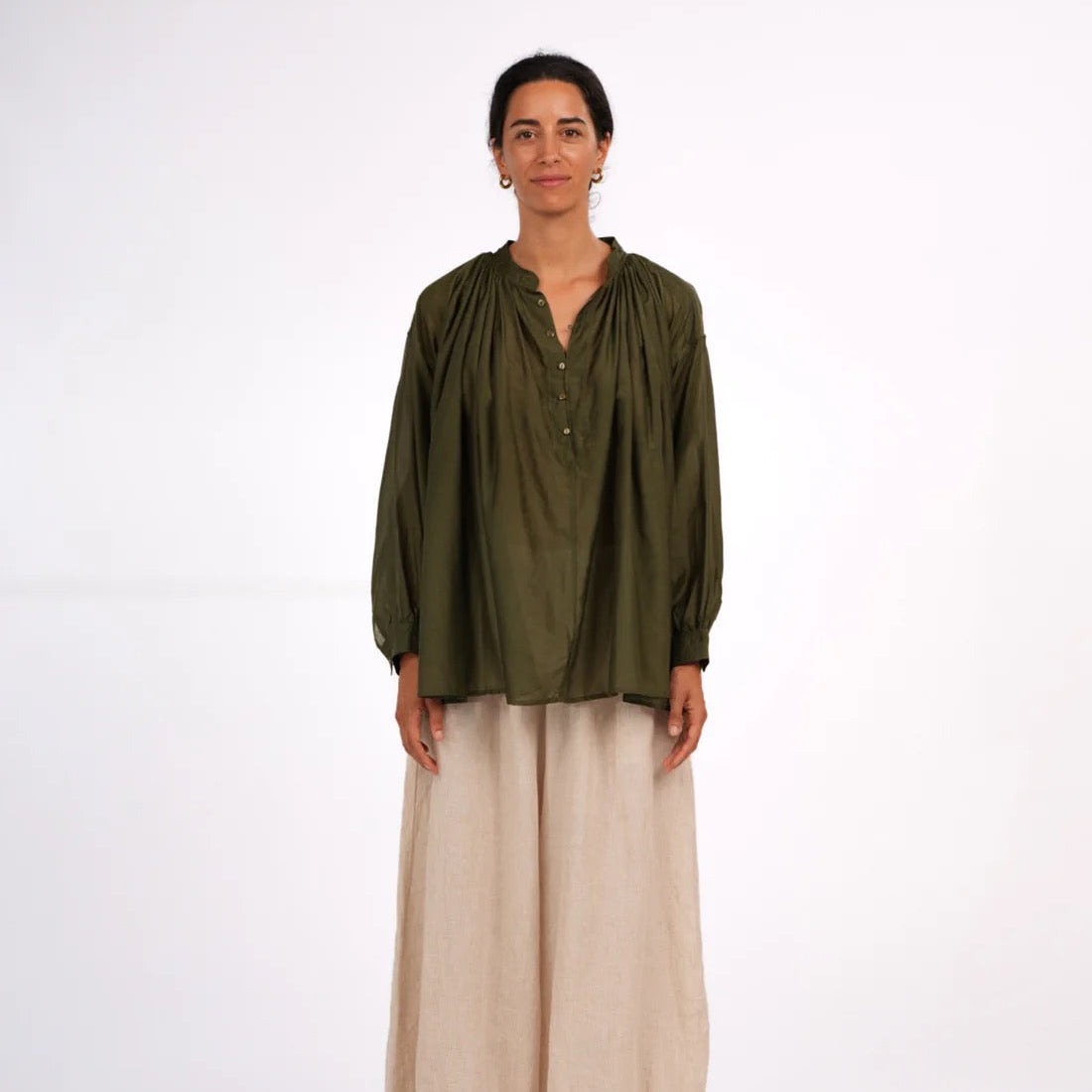Cotton Silk Long Sleeve Shirt | Palma | Deep Green