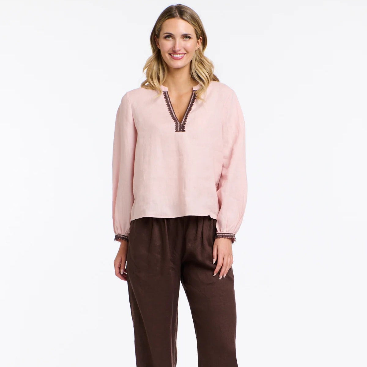 Embroidered Linen Top | Blush + Chocolate Trim