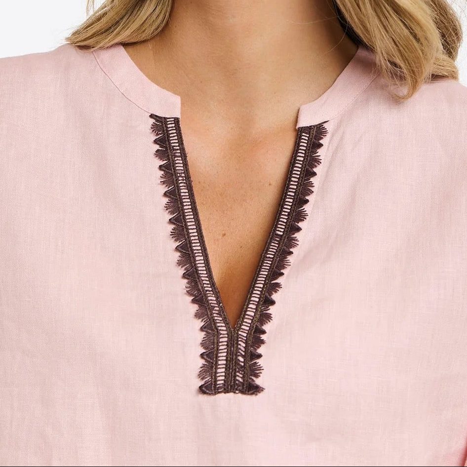 Embroidered Linen Top | Blush + Chocolate Trim