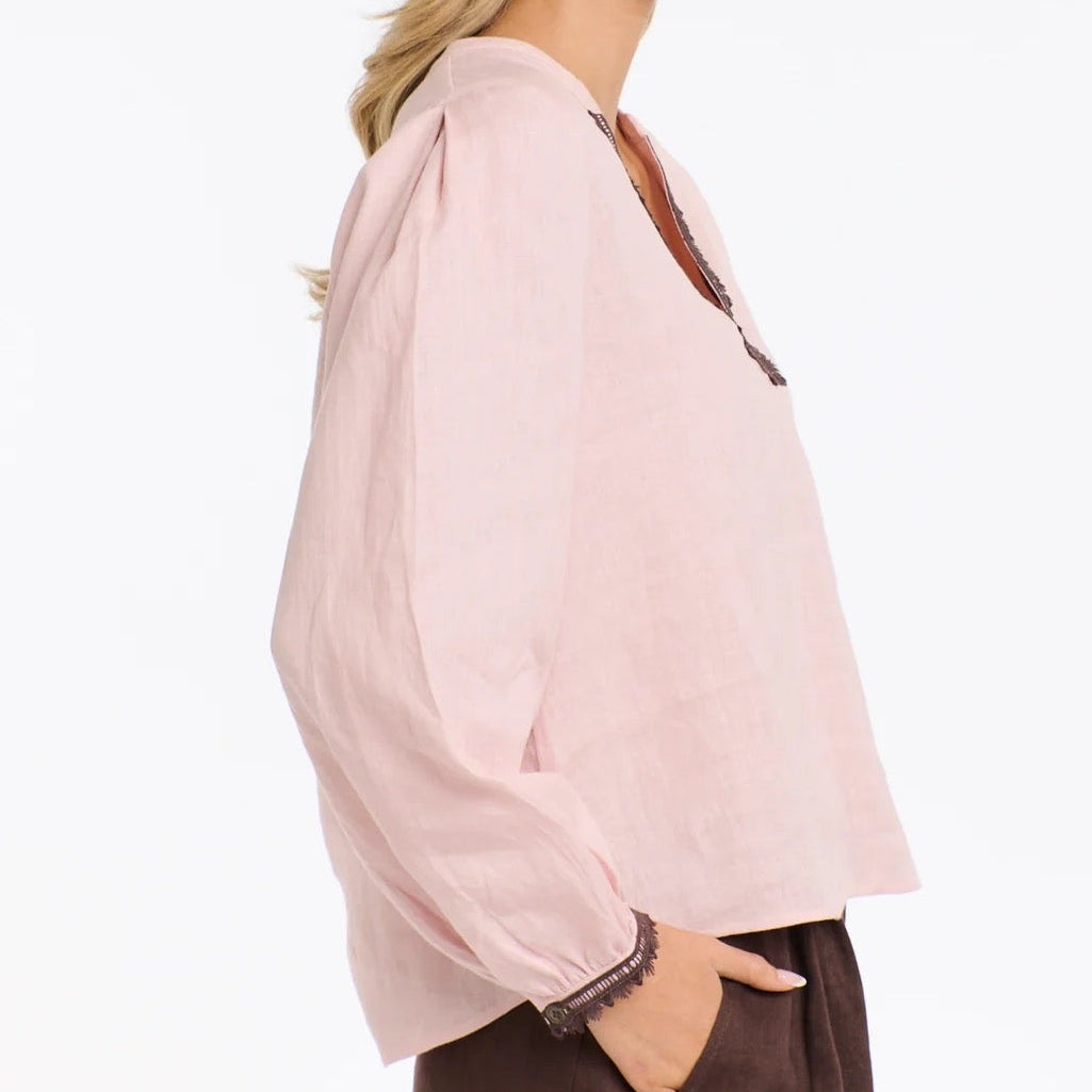Embroidered Linen Top | Blush + Chocolate Trim
