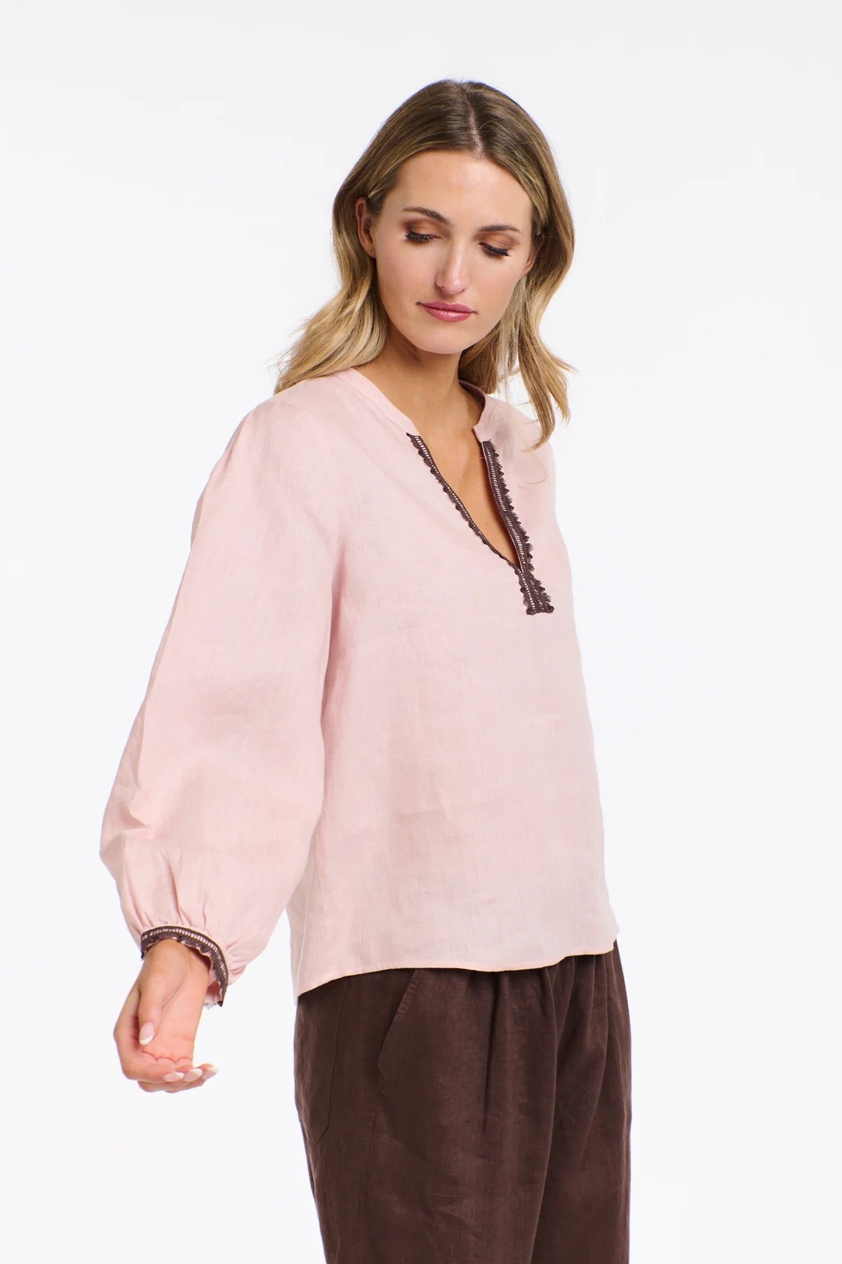 Embroidered Linen Top | Blush + Chocolate Trim