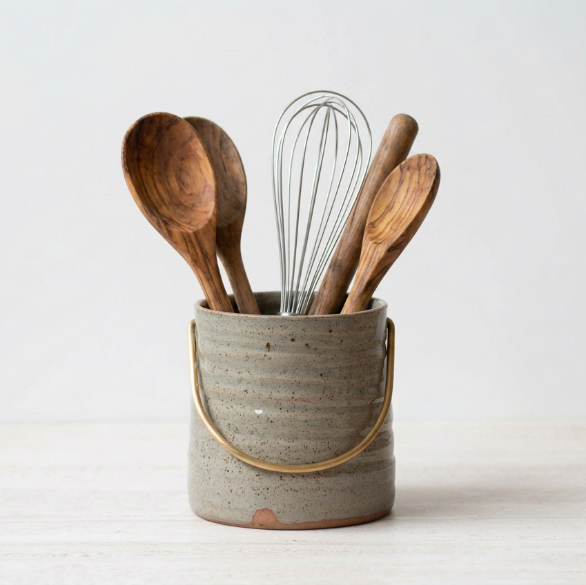 Anna Campbell | NZ Ceramics | Utensil Holder with Brass Handle | Blue/Grey