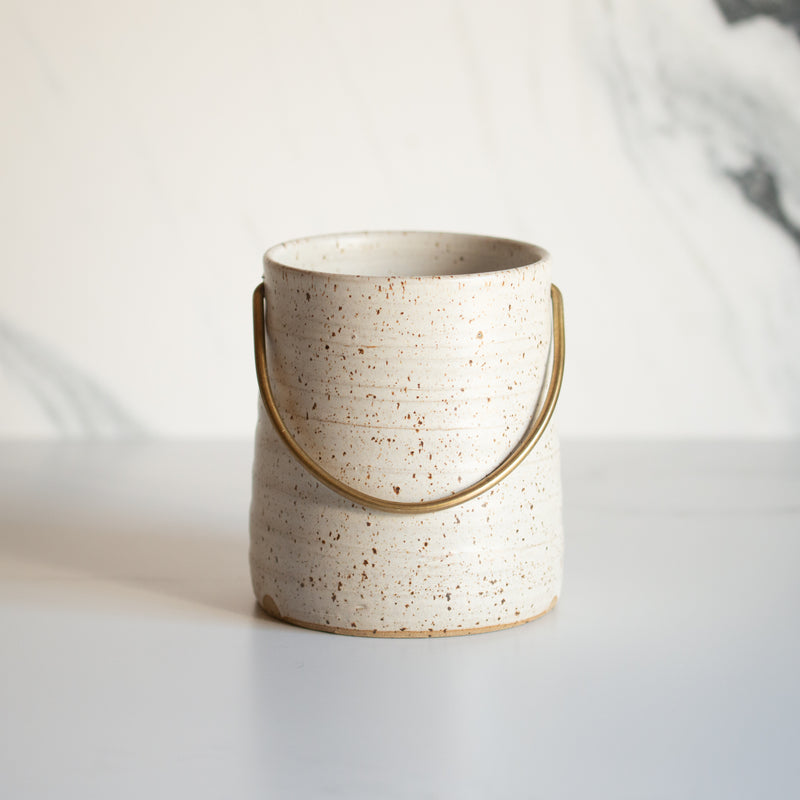 Anna Campbell | NZ Ceramics | Utensil Holder with Brass Handle | Mottled White