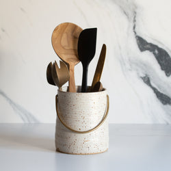 Anna Campbell | NZ Ceramics | Utensil Holder with Brass Handle | Mottled White