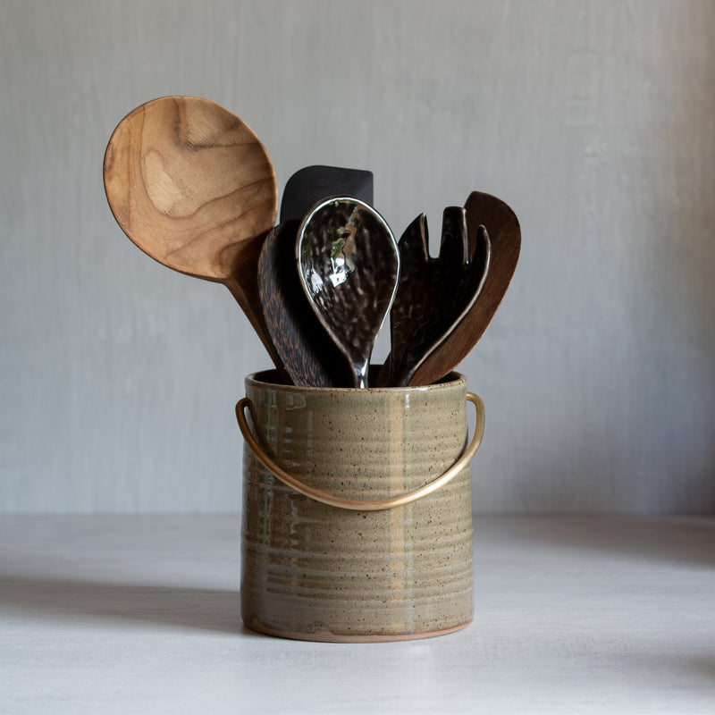 Anna Campbell | NZ Ceramics | Utensil Holder with Brass Handle | Green