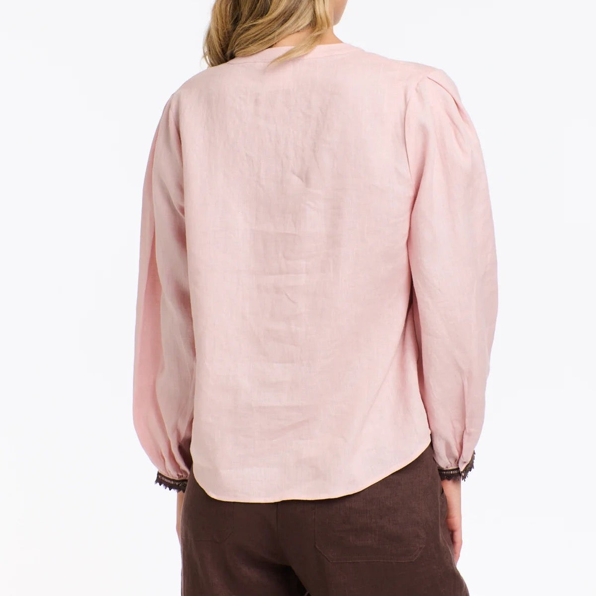 Embroidered Linen Top | Blush + Chocolate Trim