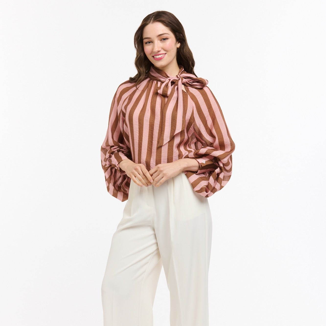 Bow Neck Shirt | Stripe | Pink