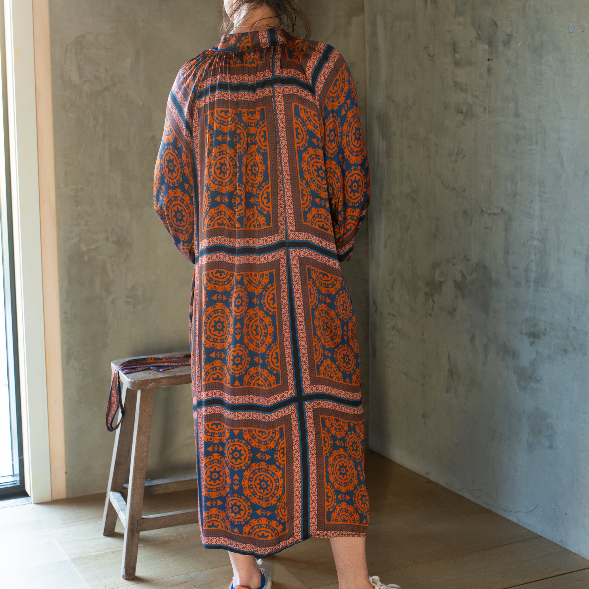 Button Through Dress | Print | Navy + Orange