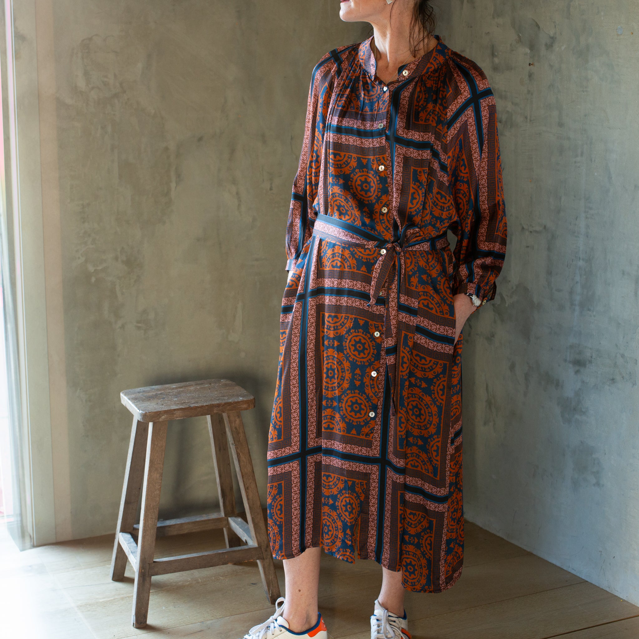 Button Through Dress | Print | Navy + Orange