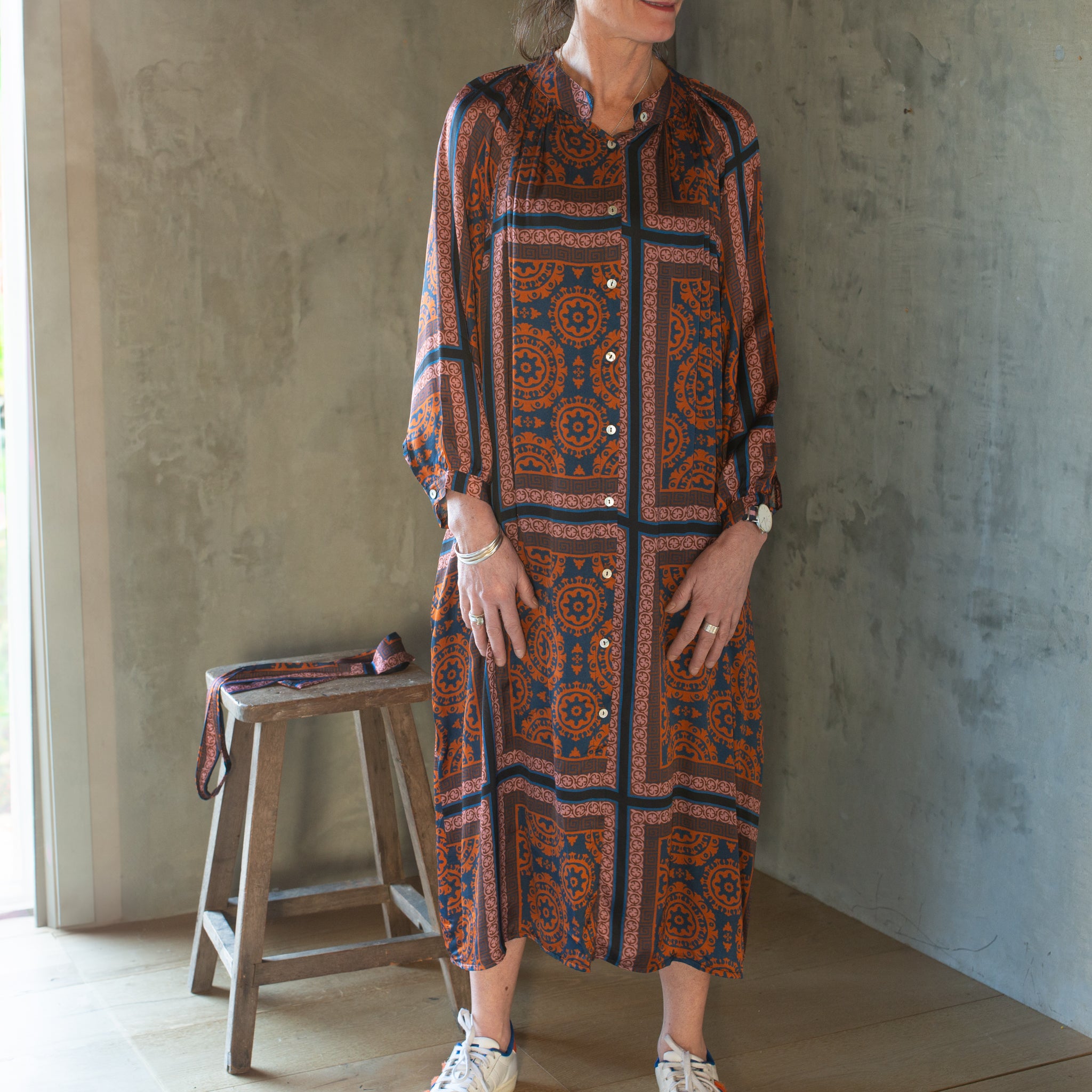 Button Through Dress | Print | Navy + Orange