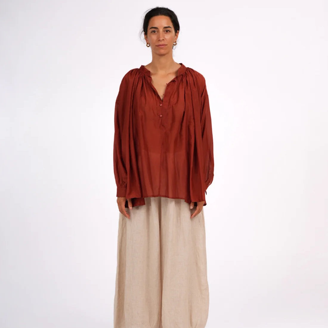 Cotton Silk Long Sleeve Shirt | Palma | Rust