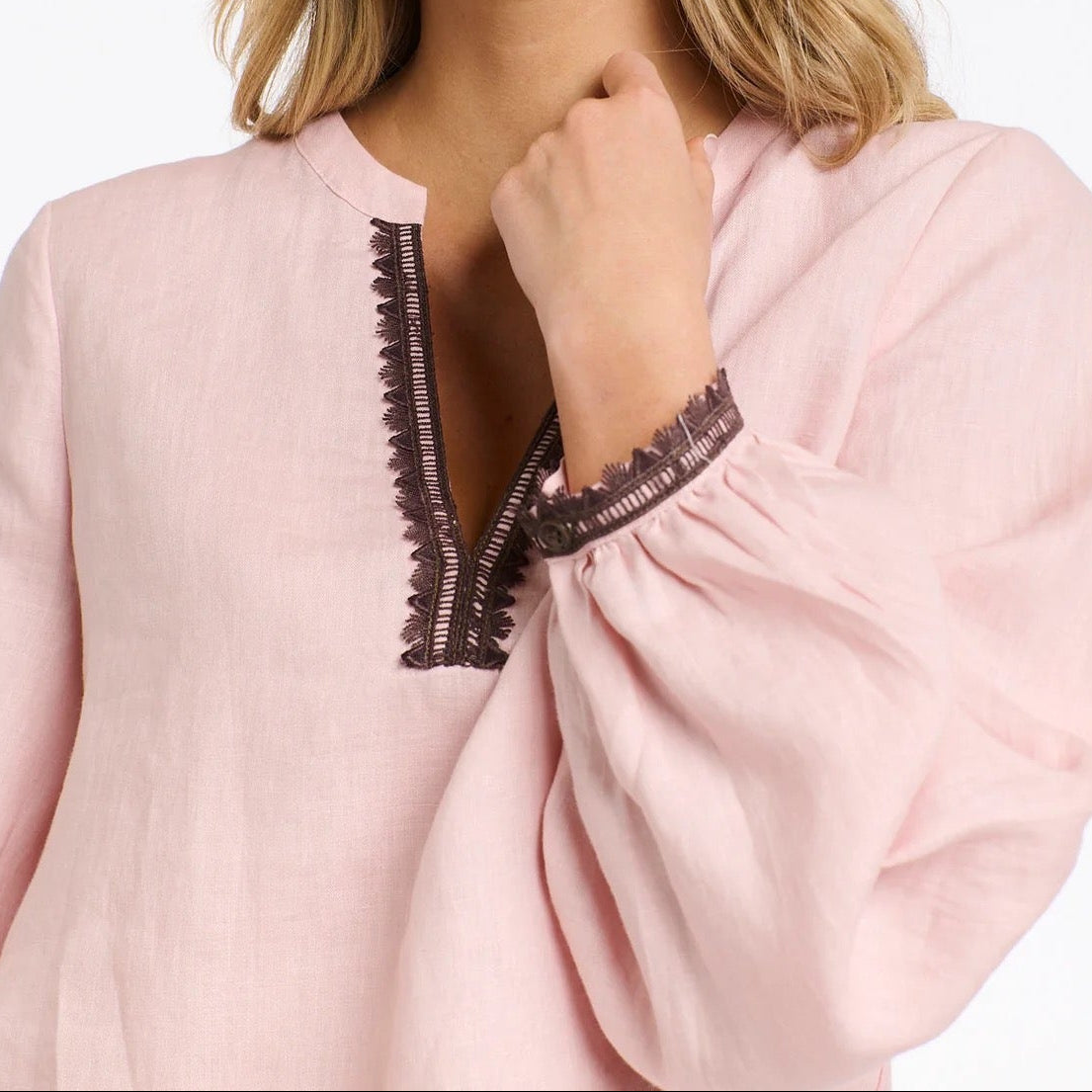 Embroidered Linen Top | Blush + Chocolate Trim