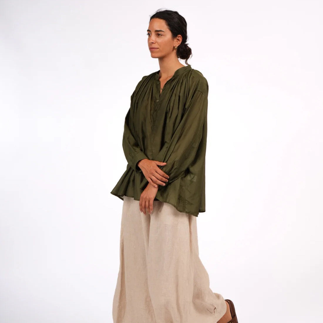 Cotton Silk Long Sleeve Shirt | Palma | Deep Green