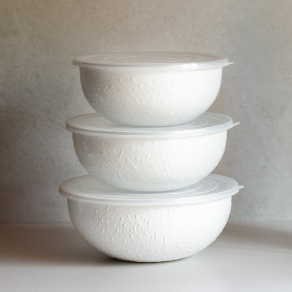 Enamel Serving Bowls With Lids | Set of 3 | White Textured