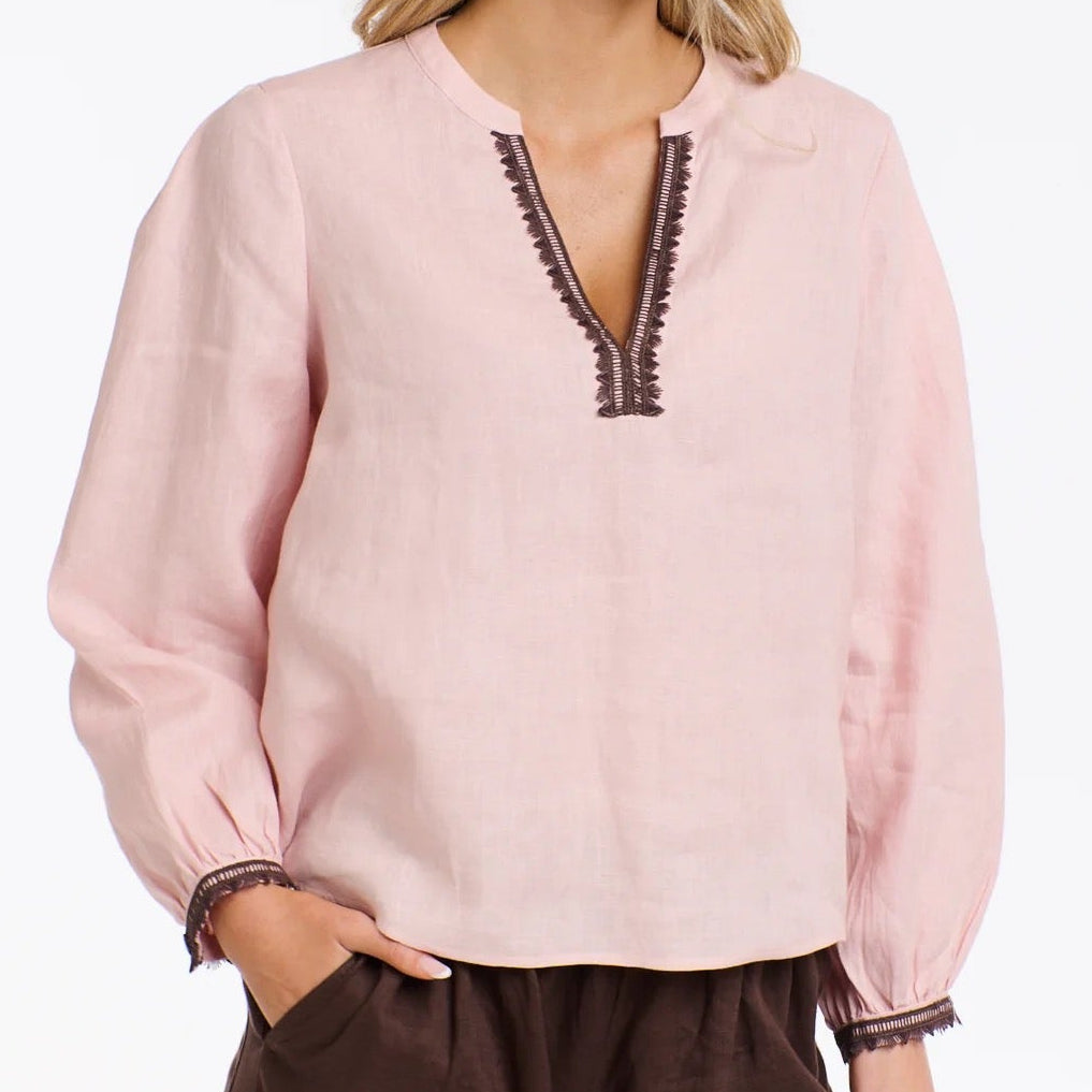 Embroidered Linen Top | Blush + Chocolate Trim