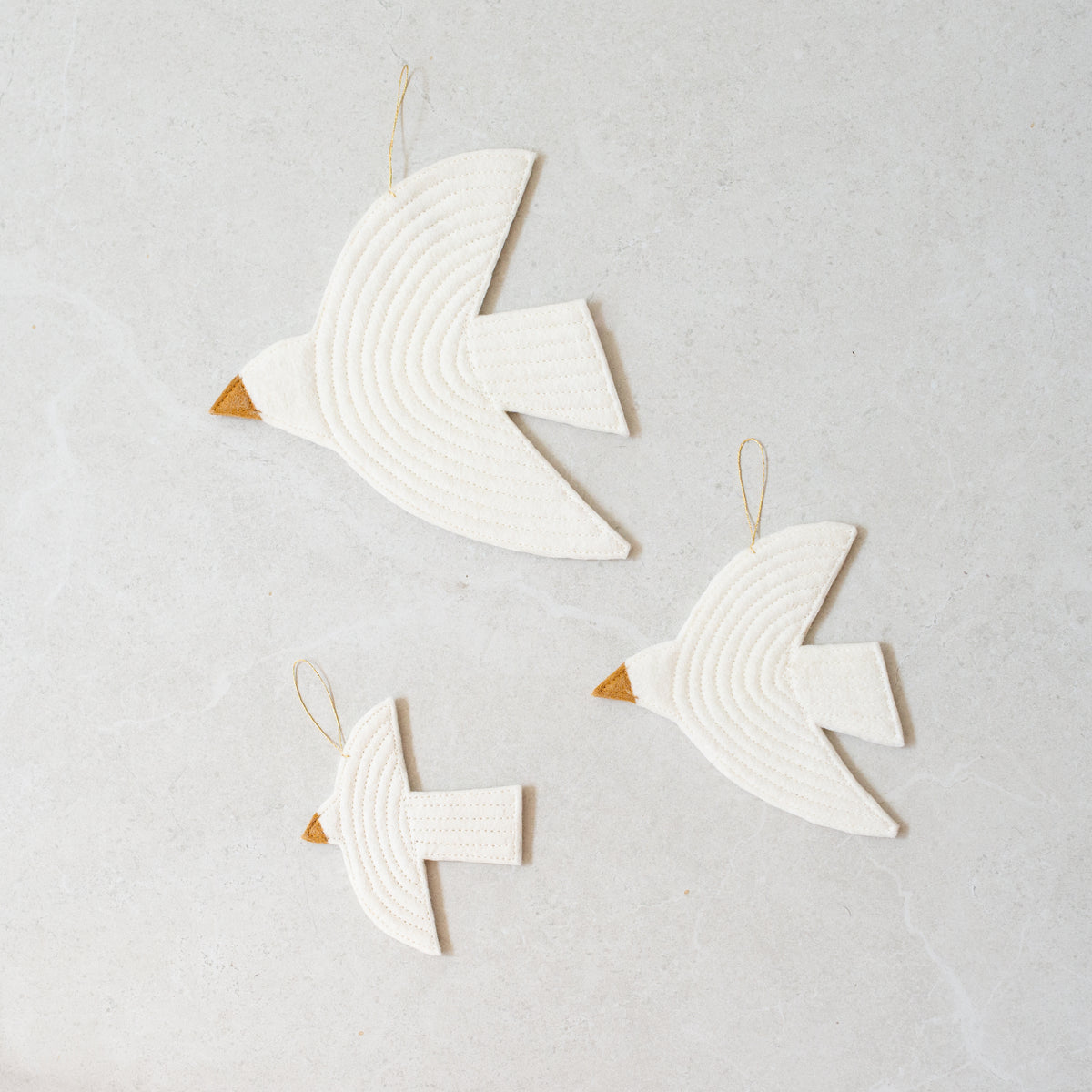 Muskhane Hand-Quilted Wool Felt Bird Trio | Natural