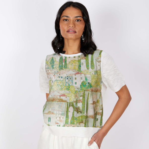 Printed Silk/Linen Top Short Sleeved | Green | Free Size