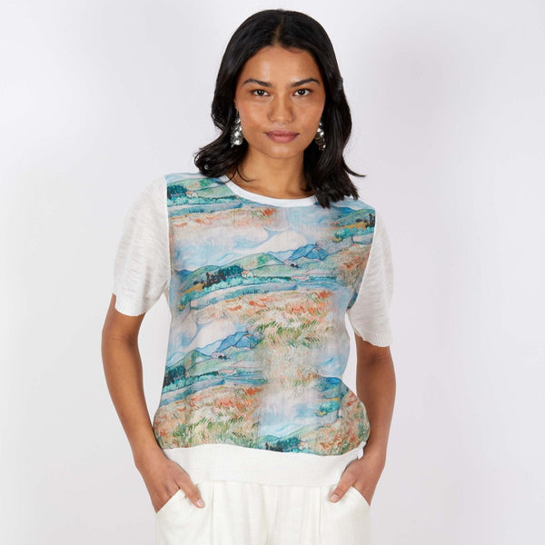 Printed Silk/Linen Top Short Sleeved | Blue | Free Size