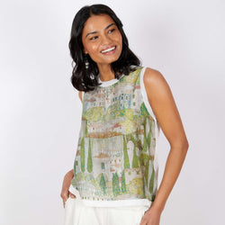 Printed Silk/Linen Top Sleeveless | Green | Free Size