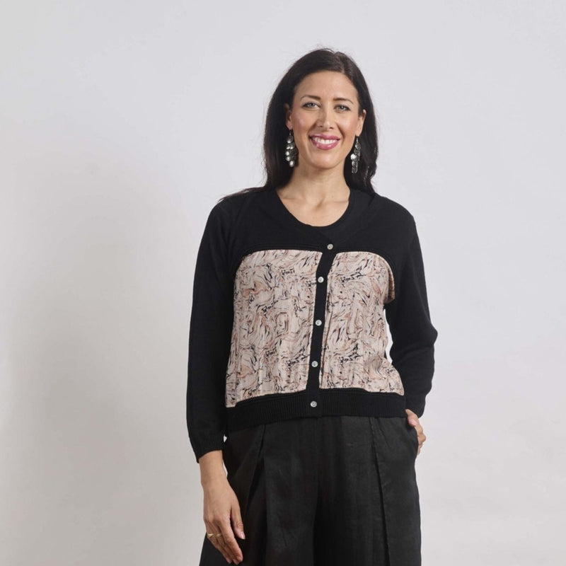 Printed Silk Linen Cardi | Black | Free Size