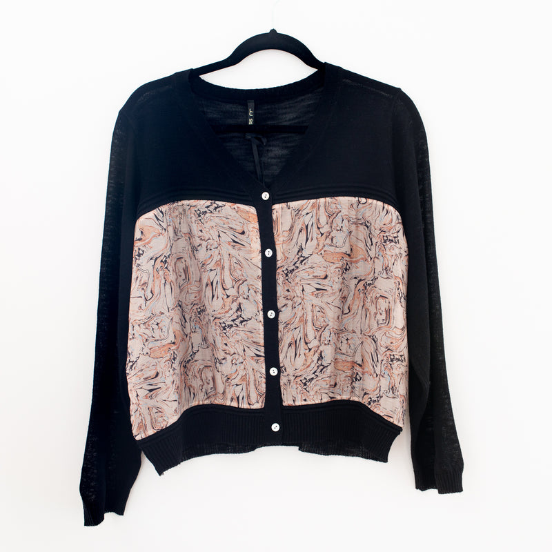 Printed Silk Linen Cardi | Black | Free Size