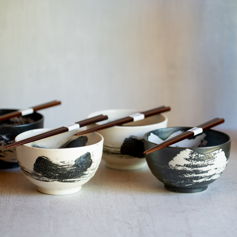 Japanese Ceramics | White with Black Brushstroke  | 2 Bowl Set